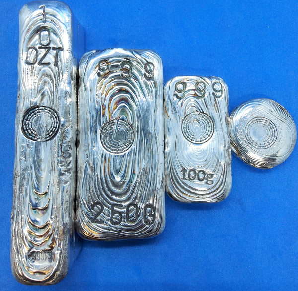 Hand poured .999 fine silver hand Poured. 10oz, 250g, 100g and 1oz.